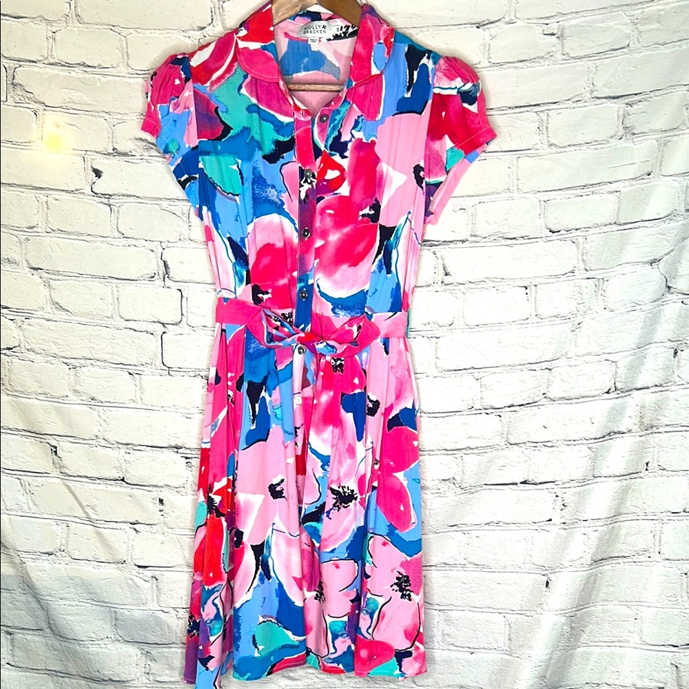 Molly Bracken Pink Blue Floral Short Sleeve Tie Belt Button Dress Size Small